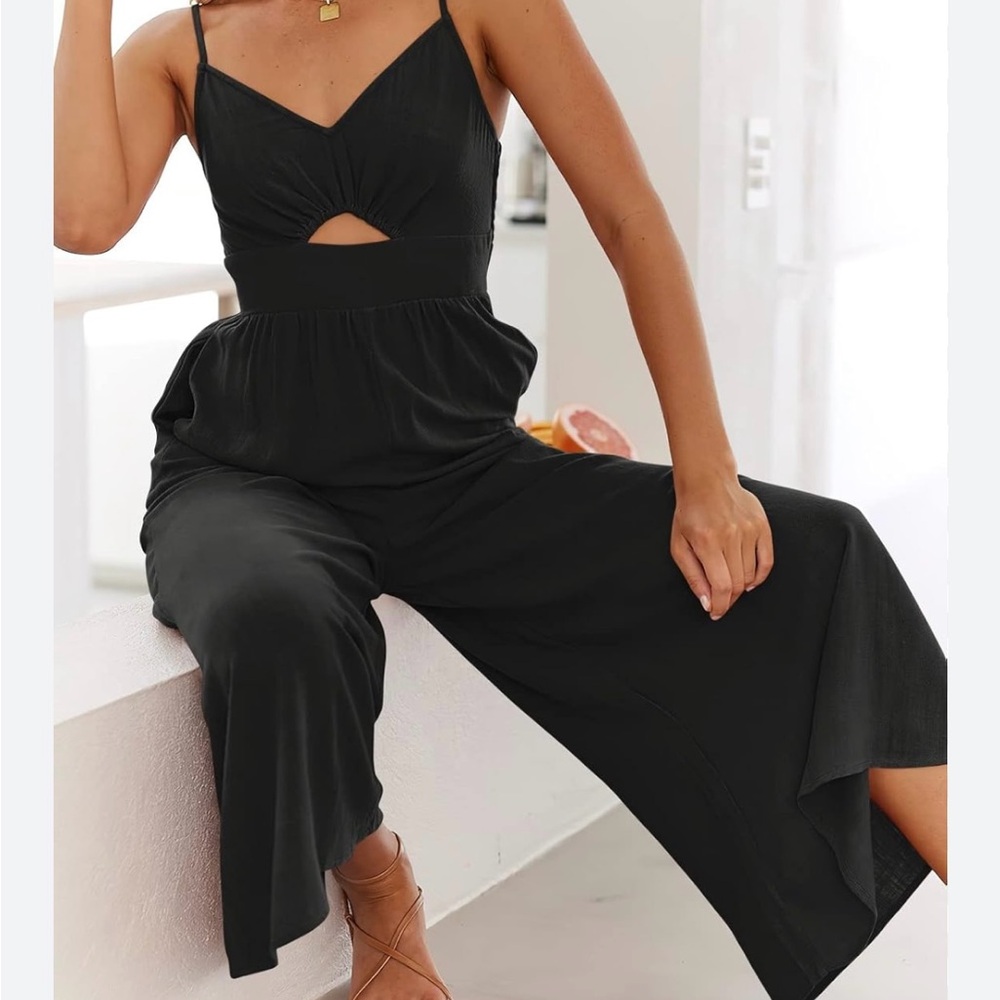 ୨୧ ・゚✧ ANRABESS Causal Spaghetti V Neck Cutout Linen Wide Leg One Piece Jumpsuit - Picture 2 of 8